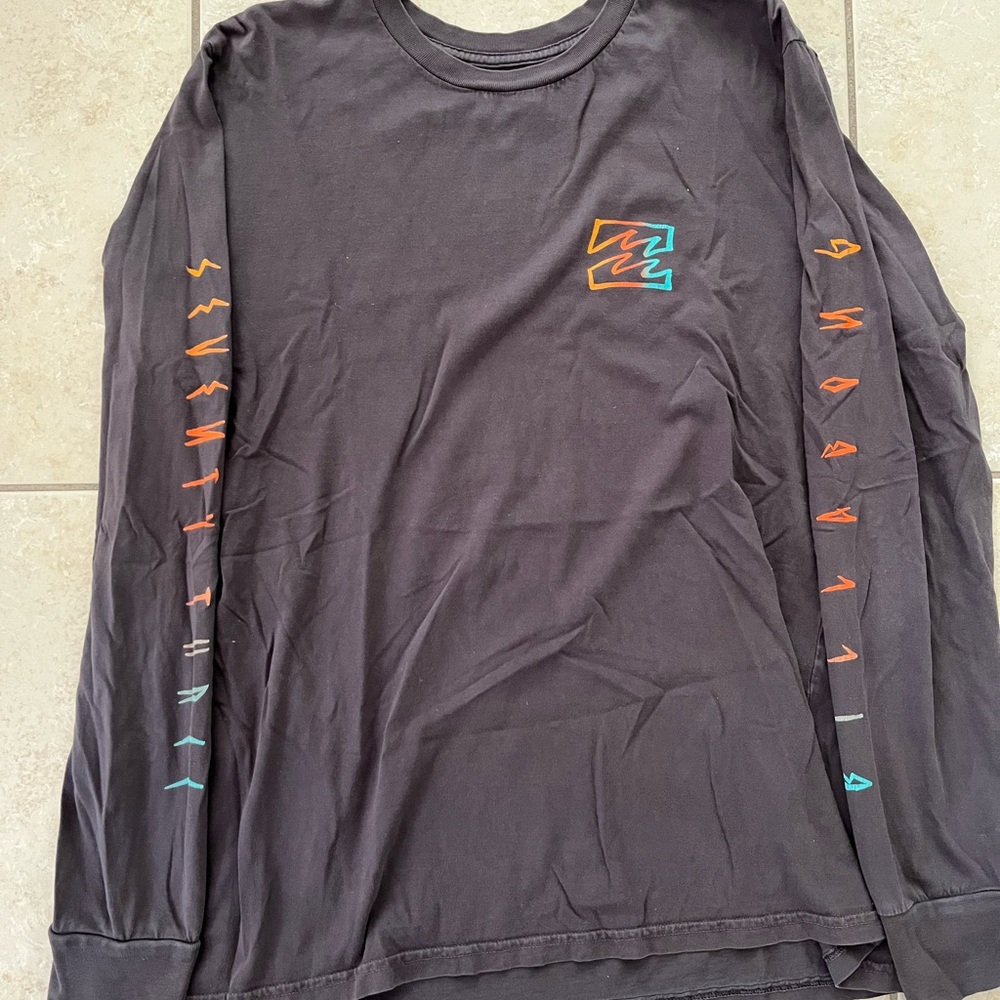 Billabong Gray Long Sleeve Tee with Multicolor Sleeve Design